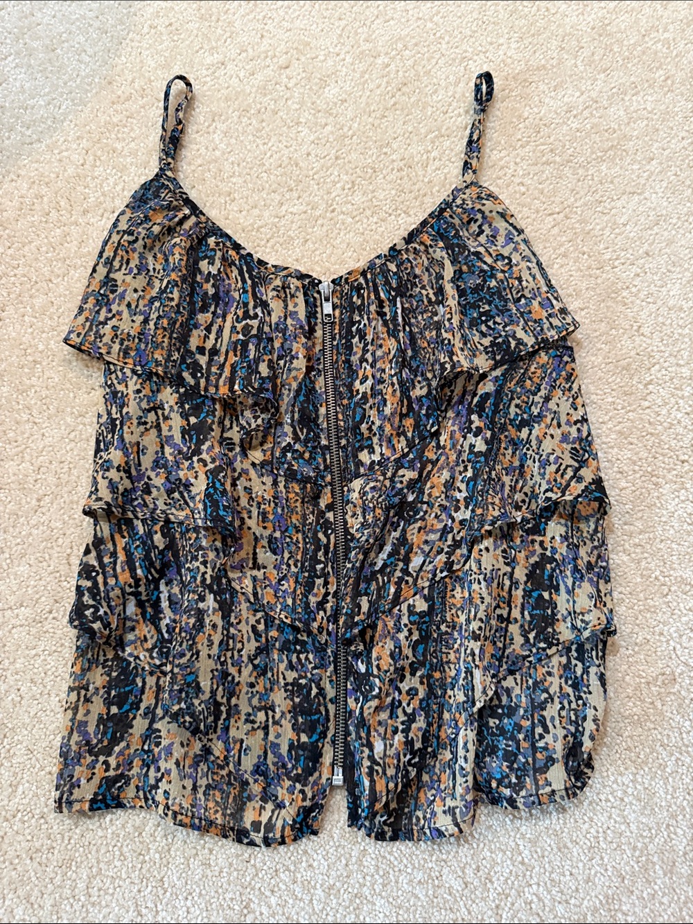 Daytrip Beige Multicolor Ruffle Zip-Front Cami